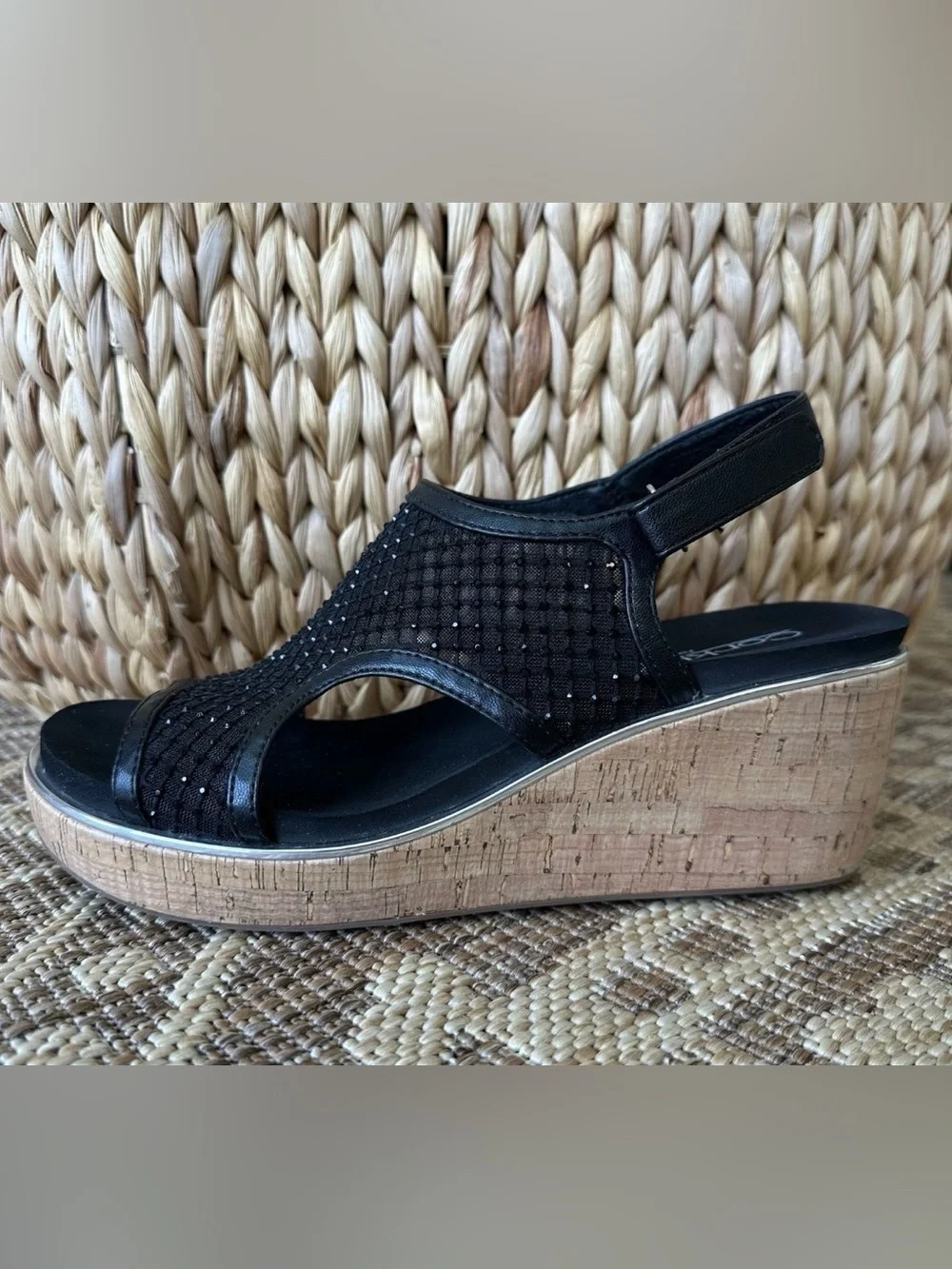 CORKYS Carley Black Sparkle Mesh Wedge Platform Sandals Sz 9 Hard to Find